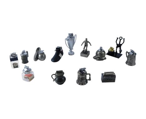 Various novelty lighters, to include footballer's trophy, football boot, tankards, etc.