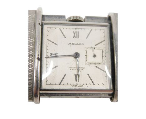 A Movado Chronometre Ermeto watch, square dial with baton markers, subsidiary seconds dial, in a white metal case, with engin