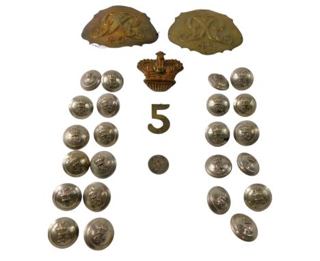 Two 19thC British Army Shako helmet plates, 45th Regiment of Foot, Nottingham Sherwood Forest, together with buttons, a brass