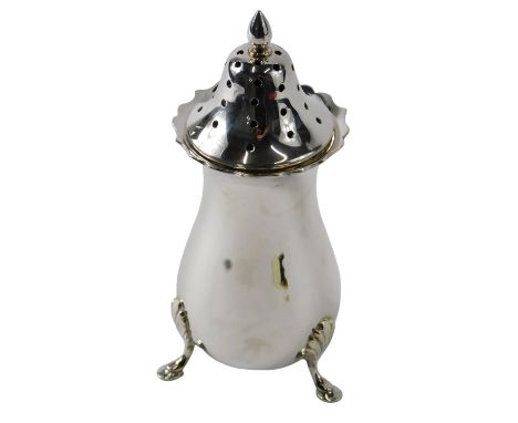 An Elizabeth II baluster-shaped silver sugar castor, with plain finial and three cabriole legs, headed by shells, Birmingham 