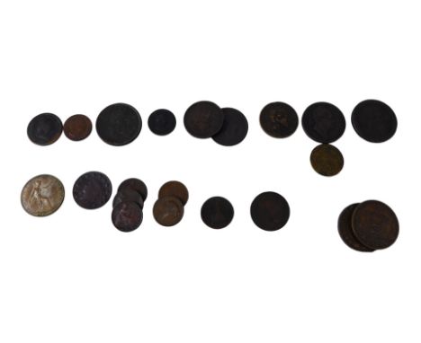 Miscellaneous copper and bronze coins, to include cartwheel penny, George III 1806 farthing, etc.