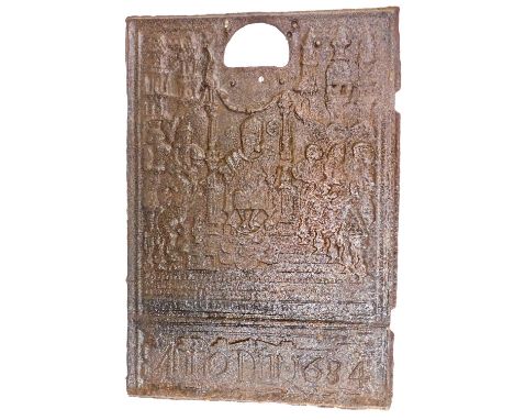 A cast iron fire grate, decorated with figures, bearing the date 1684, 71cm high, 49cm wide.