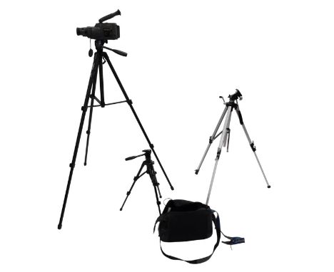 A Sony camcorder, contained in a canvas case, together with three camera tripods, comprising Velbon, EX-Macro, Velbon EX-530,