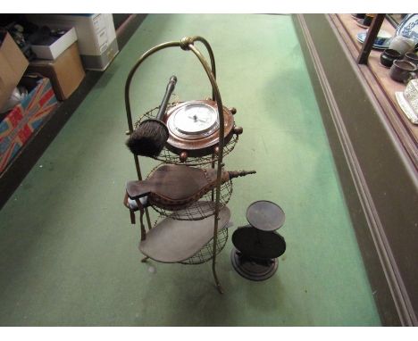 Kitchen items including brass three tier stand, scales, scoop and bellows 