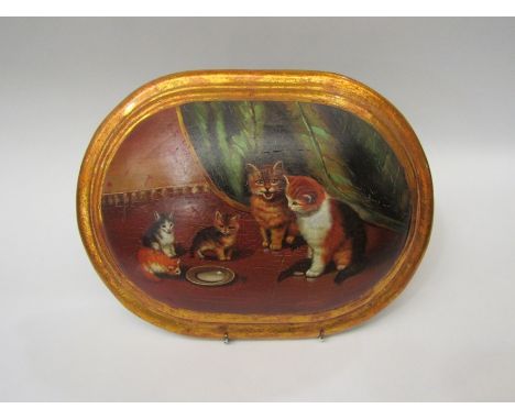 A decorative enamel wooden panel painted with image of cat and kittens, 31cm long 