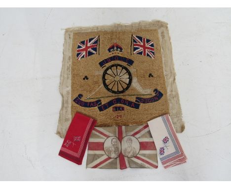 A Royal memorabilia wool tapestry with Latin text Union Jack flag and canon dated 1914 together with two silk handkerchiefs a
