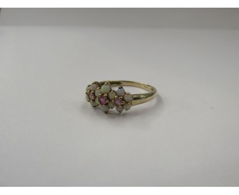 A 9ct gold opal and pink stone ring as three flowers, size R, 2.1g 