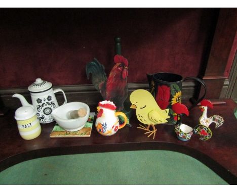 A chicken kitchen roll holder, Folklore 'Nina Jarema' enamel teapot, T.G Green yellow band salt pot etc. (10) 