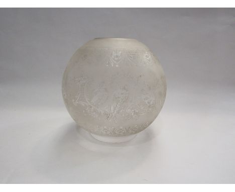 A glass acid etched oil lamp shade depicting birds 