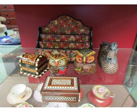 A decorative letter rack, owls, duck and trinket boxes (6) 