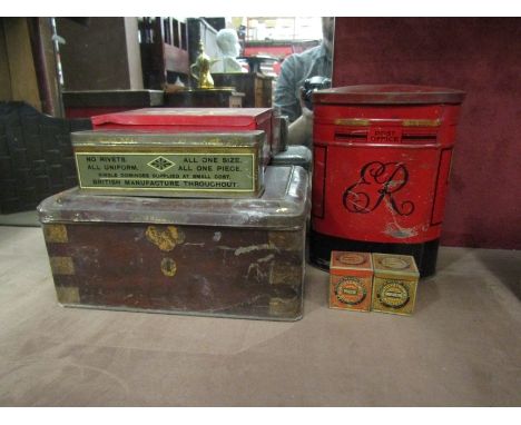 A selection of vintage tins: Post Office, Huntley and Palmers wafer miniature tins, tin containing cotton etc 