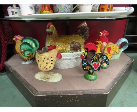 A ceramic chicken egg crock, chicken teapot, ornaments and jug (6) 