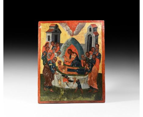 Dated 1823 AD. A rectangular wooden board with mounting struts to the reverse; painted icon of the Dormition of Mary surround