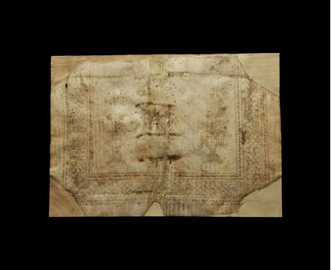 14th-15th century AD. A large vellum carpet manuscript page from a Masoretic Bible in Hebrew; three urns with flowers formed 