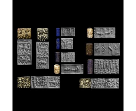 3rd-2nd millennium BC. A fine collection of stone seals comprising: a Bactrian agate cylinder seal with standing bull and ele