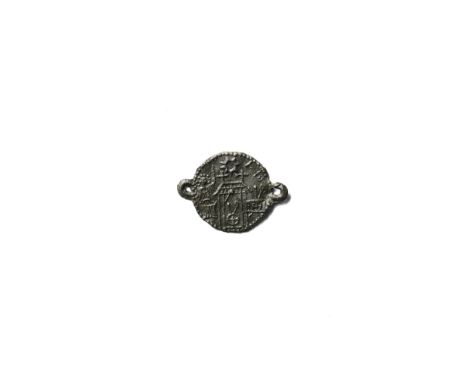 14th-15th century AD. A lead-alloy disc with lateral loops, low-relief image depicting the apocryphal story of pilgrims who v