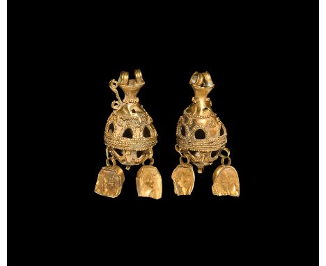 1st-3rd century AD. A substantial matched pair of gold openwork bulb earrings, each with two loops attached to a waisted neck