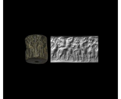 27th-26th century BC. A substantial serpentine cylinder seal with contest scene; accompanied by a museum-quality impression a