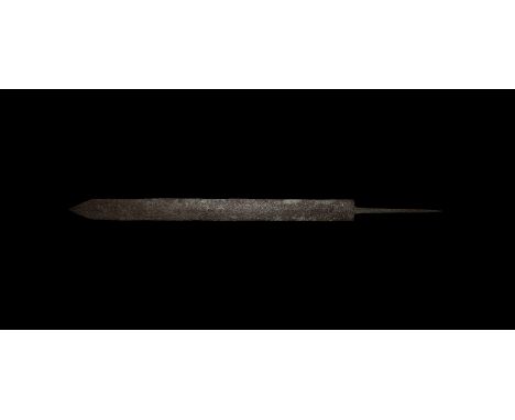 Mid 1st-mid 3rd century AD. A double-edged iron sword of Pompeii typology with parallel cutting edges tapering towards the tr
