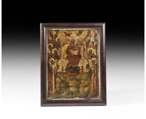 Dated 1698 AD. A rectangular wooden icon with moulded frame, painted figure of Madonna and Child to the centre with nimbate w