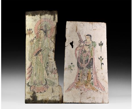 17th century AD or later. A pair of thin painted wooden panels comprising: a panel with a musician or a kinnara standing on t