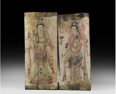 17th century AD or later. A pair of painted wooden panels comprising: a panel with crowned heavenly being or a bodhisattva, s