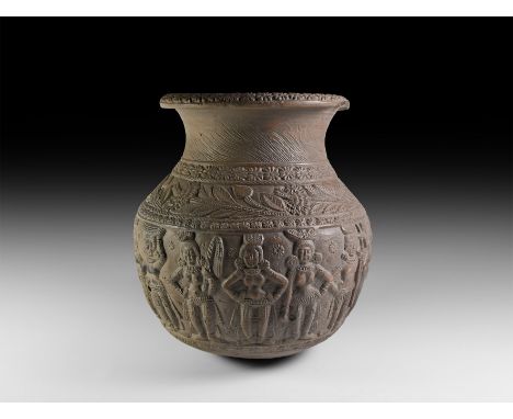 2nd-1st century BC. A bulbous ceramic vessel with flared rim with rosettes; to the body an elaborate frieze of standing gods 