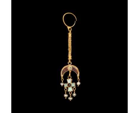 6th-7th century AD. A substantial gold pendant earring comprising a tapering round-section open hoop; round-section, articula