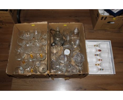 Two boxes of glassware, decanters, Edinburgh Crystal wine glasses, Waterford Crystal mantle clock etc 