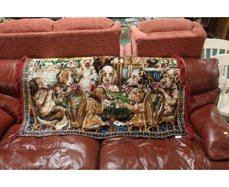Tasselled tapestry/wall hanging depicting dogs playing cards, width 150 cm, height 80 cm