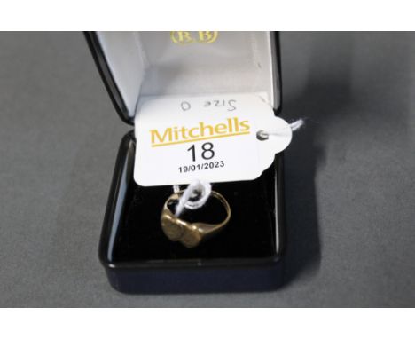 9 ct gold double heart signet ring, weight 3 grams, size O