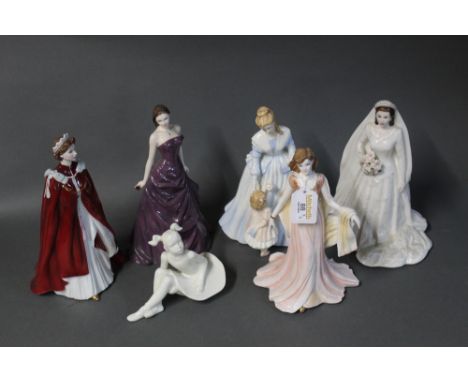 Six Royal Worcester figurines, Queen Elizabeth II, Queens 80th Birthday, Graduation Night, The Mine, Mothering Sunday and Bal