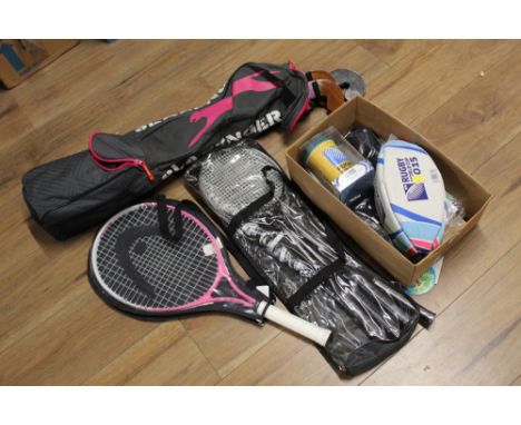 Rugby ball, Guinness T-shirts, badminton and tennis rackets, hockey stick bag and 2 hockey sticks 