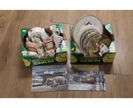 2 boxes of decorative plates, ornaments, mantle clock, etc