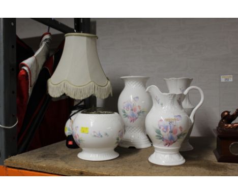 Aynsley Little Sweetheart pattern rose bowl, vases, jug and decorative table lamp with shade 