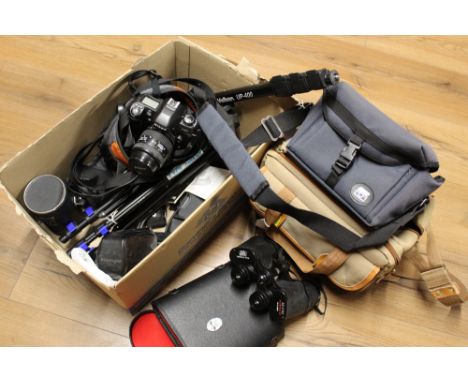 Cased binoculars, Nikon F80 camera, tripod, lens and camera cases 