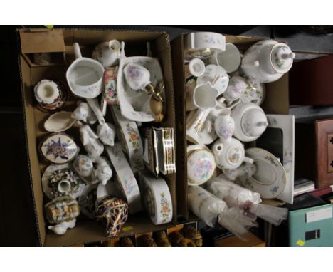 Aynsley trinket boxes, vases, clocks, Royal Crown Derby frog paperweight, Masons Blue Mandalay candlestick etc  