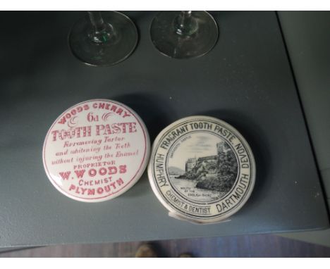 Two vintage ceramic advertising lids for toothpaste 