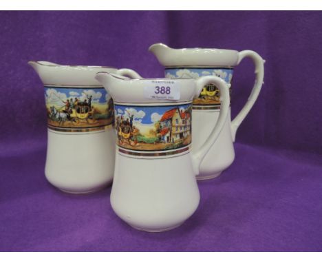 A set of vintage ceramic graduated jugs with horse and coaching scene print