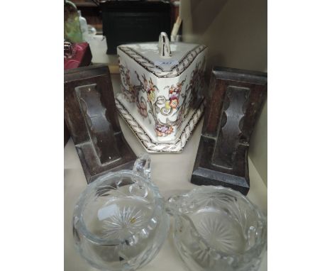 A vintage ceramic cheese wedge treen book ends and cut glass jug set