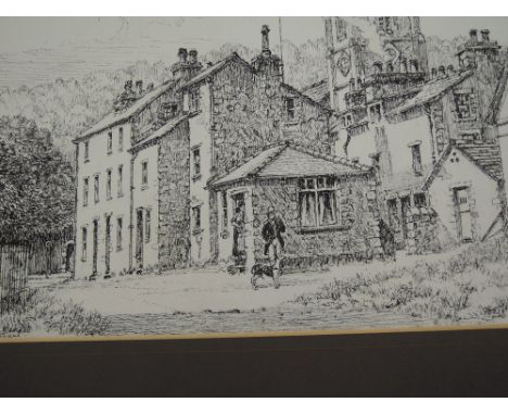 A pen and ink sketch signed F Hodgson depicting local village life