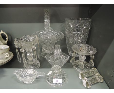 A selection of clear cut glass wares including lustre drop candle stick