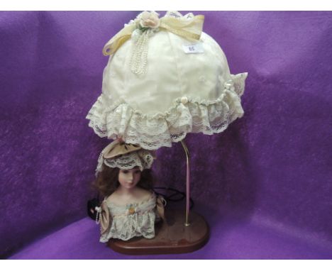 A vintage lamp with Victorian lady base and embroidered shade 