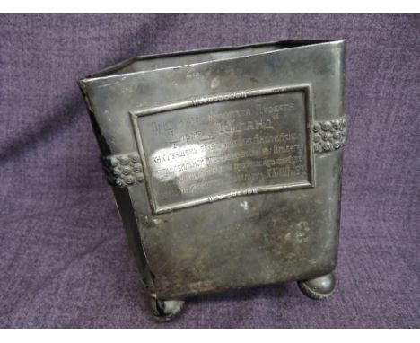 A silver Russian Faberge Commemorative trophy of rectangular block form with Cyrillic marks to base. Having pictorial racing 