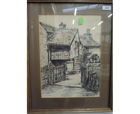 An original pen and ink sketch signed F Hodgson depicting local country homestead