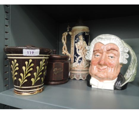 A selection of vintage ceramics including Royal Doulton Lawyer tankard and local Wetherriggs lidded jar