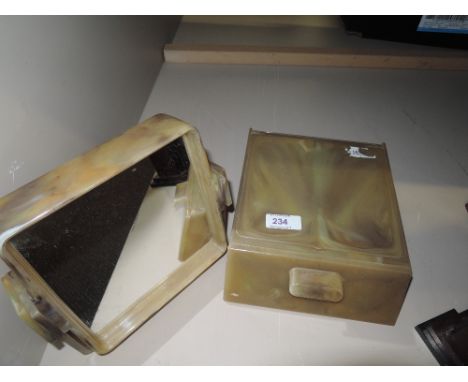 A vintage turtle shell style plastic mirror and draw set