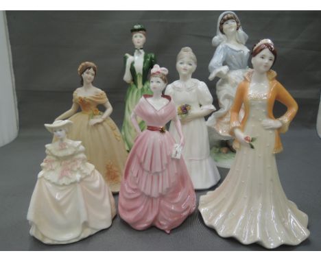 Six Coalport figurines including Victoria, Tricia etc and a Royal Worcester figurine, Rosie Picking Apples