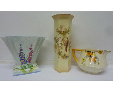 A Crown Ducal vase and Art Deco jug, and a Decoro Art Deco vase, a/f, height of tallest 29cm