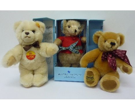 Three Teddy bears, Steiff and two Merrythought including Mr. Whoppit, boxed